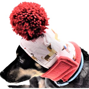 Dachshund Multicolor Spring Hat, Small Dog Gifts, Chiweenie Red Cotton PomPom Cap, Chihuahua Warm Clothes, Custom Fit Small Dog Clothes,