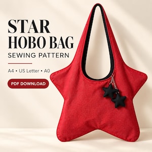 May include: A red star-shaped hobo bag with a black interior lining and two small black star charms attached to a silver chain. The text reads STAR HOBO BAG SEWING PATTERN, A4, US Letter, A0, and PDF DOWNLOAD. The design is a star-shaped textile bag.