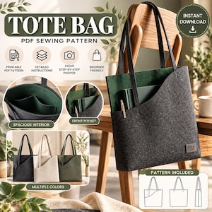 May include: A PDF sewing pattern for a tote bag featuring a dark gray felt exterior with a green interior lining. The design includes a front pocket, two shoulder straps, and a small label reading FOLK STYLE. The pattern includes instructions.