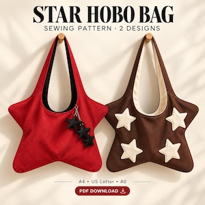 May include: Star hobo bag sewing pattern for 2 designs. A red star-shaped bag with black interior and star charms, and a brown star-shaped bag with cream star appliqués. Text reads: STAR HOBO BAG SEWING PATTERN 2 DESIGNS A4 US Letter A0 PDF DOWNLOAD.