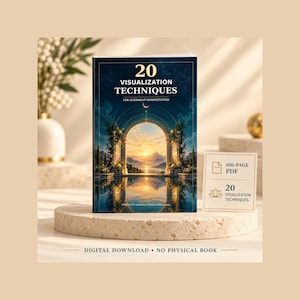 May include: A digital download book titled 20 Visualization Techniques for Overnight Manifestation. The cover features a golden archway overlooking a sunset landscape with a crescent moon. A small card displays 100-Page PDF and 20 Visualization Techniques.