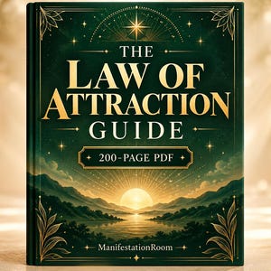 May include: A dark green book cover titled The Law of Attraction Guide with 200-Page PDF printed in the center. The cover features a gold sun rising over a landscape of mountains and water, framed by gold decorative botanical line art.