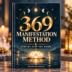 May include: A dark blue book cover titled 369 MANIFESTATION METHOD STEP-BY-STEP PDF GUIDE with gold lettering. The design features a glowing lotus flower on water, a moon phase arc, and a central star. The text ManifestationRoom is at the bottom.