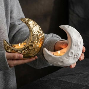 Ceramiczny świecznik w kształcie księżyca, ceramiczny świecznik w kształcie księżyca, niebiański wystrój domu, nowoczesna dekoracja stołu, prezent dla miłośnika księżyca, akcent na stolik nocny