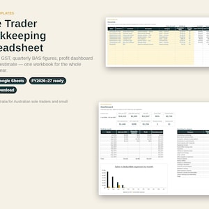May include: A digital bookkeeping spreadsheet for sole traders featuring text that reads Sole Trader Bookkeeping Spreadsheet, Excel + Google Sheets, and FY2026-27 ready. The image displays two data tables showing income logs, a financial dashboard, and charts.