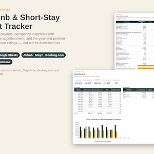May include: An Airbnb & Short-Stay Host Tracker digital template for Excel and Google Sheets. The document features an annual summary table, a dashboard with monthly income and expense data, and a bar chart comparing gross income to cash expenses.