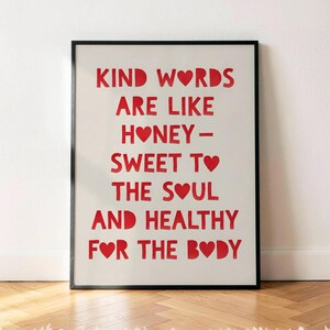 Kind Words Proverbs 16 24 Poster, Red Cutout Letter Bible Verse Wall Art Print