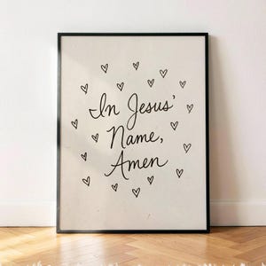 In Jesus Name Amen Hearts Poster, Black Script Christian Wall Art Print