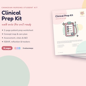 Può includere: Un kit di preparazione clinica per studenti di infermieristica canadesi con 15 pagine di fogli di lavoro stampabili. I documenti includono preparazione del paziente, mappe concettuali, piani di assistenza, valutazioni, parametri vitali, I&O, ISBAR, riflessioni e tracker in tre varianti di colore.