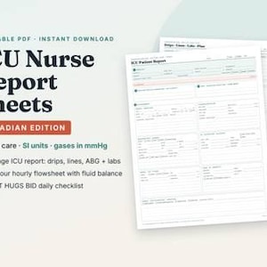 Può includere: Un set di fogli di rapporto per infermieri di terapia intensiva in edizione canadese. I documenti includono sezioni per rapporti sui pazienti, flebo, linee, emogasanalisi, laboratori, un diagramma di flusso orario di 12 ore e una lista FAST HUGS BiD.