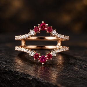 Rubinroter Moissanit-Verstärkerring, offener Ring aus roségoldplattiertem Material, runde rote und klare Steine, eleganter Ring-Schutzring