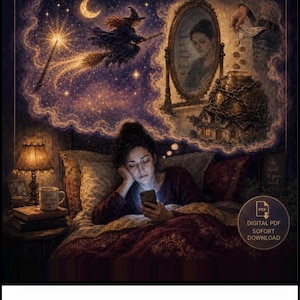 Può includere: Una copertina di libro intitolata ERSCHÖPFTE GENERATION che mostra una persona a letto che guarda uno smartphone. Sopra, una nuvoletta mostra una strega su una scopa, uno specchio che riflette una persona e una casa con una pila di monete d'oro.