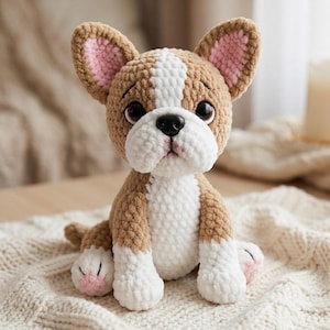 May include: A crochet plush toy shaped like a French bulldog with brown and white yarn. The dog has large dark eyes, a black nose, and pink inner ears. It features a white stripe on its face and chest, with white paws and pink paw pads.