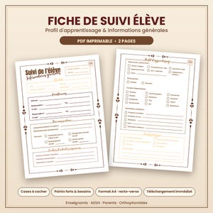 Op de afbeelding: Een tweepaginas tellend printbaar leerlingvolgsysteem in het Frans, getiteld FICHE DE SUIVI ÉLÈVE. Het document bevat secties voor algemene informatie, contactgegevens, schoolloopbaan, interesses, leerprofiel en medische informatie.
