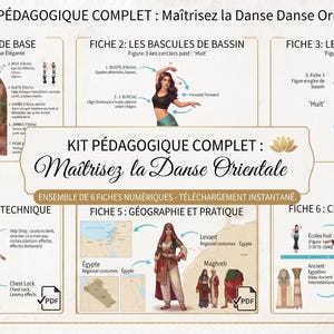 May include: A digital educational kit titled KIT PÉDAGOGIQUE COMPLET: Maîtrisez la Danse Orientale, featuring six instructional sheets with illustrations of dancers, maps, and technical diagrams explaining belly dance postures, movements, and history.