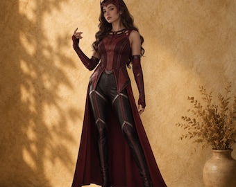 May include: A dark red and black costume featuring a fitted bodice with a cutout neckline, long fingerless gloves, and a floor-length open skirt. The outfit includes black leggings with vertical red accents and a pointed headpiece in matching red.