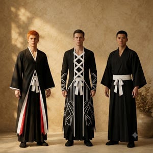May include: Three individuals wearing black and white traditional-style robes. The left robe features red accents, the centre robe has a white lace-up bodice with geometric patterns, and the right robe is a simple black kimono with a white sash.