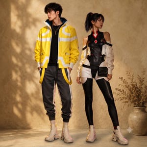 Puede incluir: Dos personas con atuendos futuristas. Una viste una chaqueta amarilla brillante con detalles blancos sobre una camiseta negra, pantalones de chándal gris oscuro con tiras amarillas y botas beige. La otra lleva un body negro y blanco con aberturas.