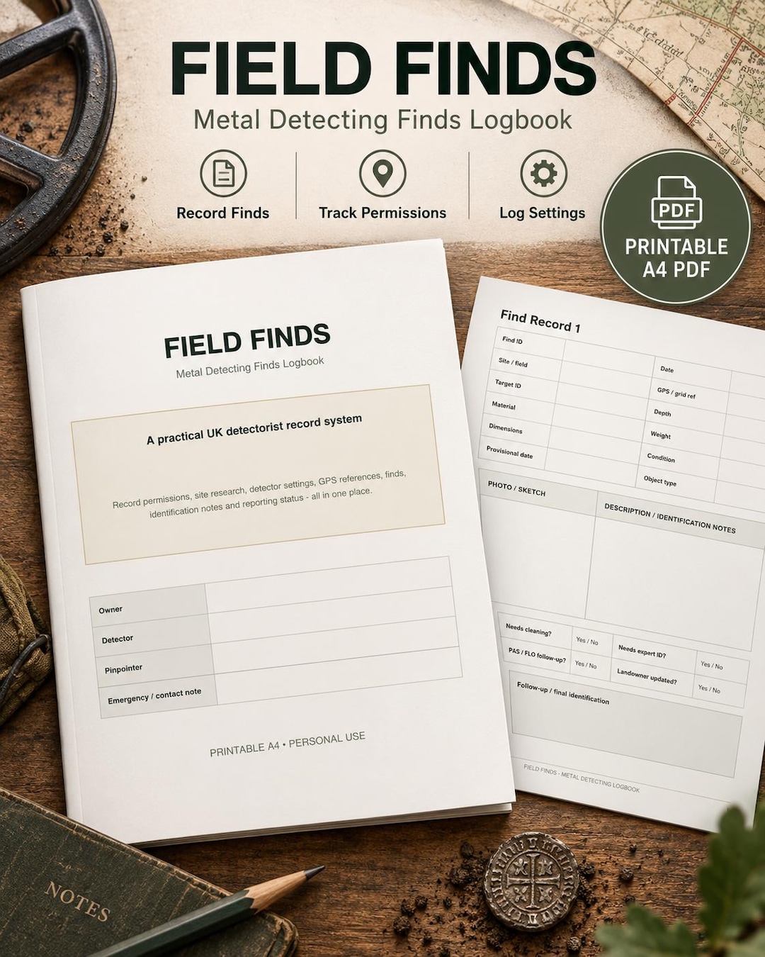 Metal Detecting Finds Logbook, Printable A4 PDF, Detectorist Find ...