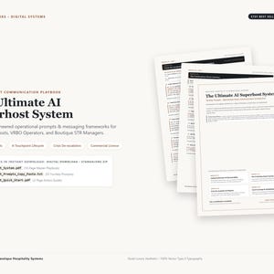 Könnte beinhalten: Ein digitales Dokument mit dem Titel The Ultimate AI Superhost System, ein Leitfaden für die Gästekommunikation für Airbnb- und VRBO-Betreiber. Es enthält 35 Prompts, einen 8-stufigen Lebenszyklus, Krisenmanagement und eine kommerzielle Lizenz.