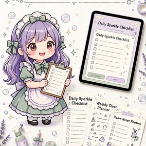 Könnte beinhalten: Ein digitales Set mit einer Cartoon-Figur mit lila Haaren in einem Dienstmädchen-Outfit, die ein Klemmbrett hält, einem Tablet mit einer Daily Sparkle Checklist und drei gedruckten Blättern mit den Titeln Daily Sparkle Checklist, Weekly Clean Planner und Room Reset Routine.