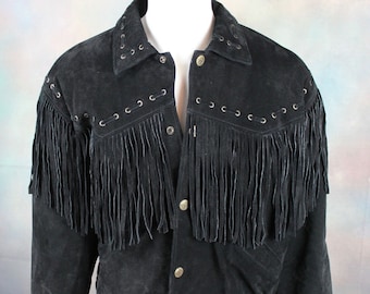 Mens Western Jacket Black Cowboy Fringe Style Beads Patch Wear Suede Leather 80s