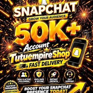 Op de afbeelding: Een digitale promotionele afbeelding met de tekst SNAPCHAT GROW YOUR AUDIENCE 50K+ Account TutuempireShop FAST DELIVERY. Het bevat een smartphone-icoon met het Snapchat-logo, vier ronde service-iconen en een gele pijl naar tekst.
