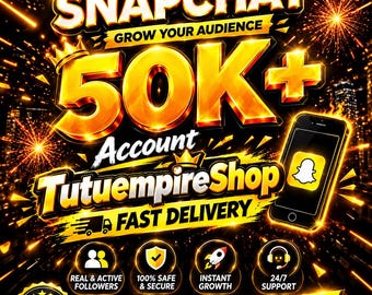 Könnte beinhalten: Eine digitale Werbegrafik mit dem Text SNAPCHAT GROW YOUR AUDIENCE 50K+ Account TutuempireShop FAST DELIVERY. Sie enthält ein Smartphone-Symbol mit dem Snapchat-Logo, vier kreisförmige Dienstleistungssymbole und einen gelben Pfeil.
