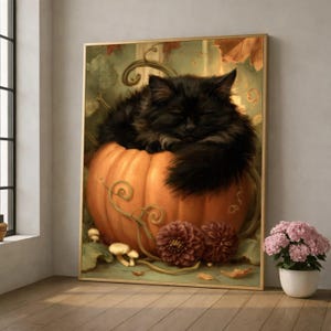 Lienzo de Halloween con gato negro durmiendo en una calabaza, arte de pared de temporada otoñal, decoración acogedora para el hogar en otoño, lienzo de gato adorable y espeluznante