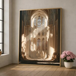 Può includere: Una stampa d'arte da parete incorniciata che raffigura l'interno di una grande cattedrale gotica con alte colonne in pietra, soffitti a volta complessi e un grande rosone. Raggi di luce solare filtrano dalle finestre illuminando la navata.