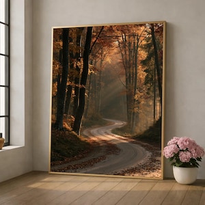 Wandbild „Herbstlicher Waldweg“ auf Leinwand, goldene Blätter, Naturlandschaft, rustikale Herbstkulisse, gemütliche saisonale Dekoration, fertig zum Aufhängen