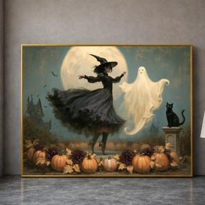 Lienzo de bruja bailando con fantasma de Halloween, arte de pared de gato negro espeluznante y huerto de calabazas, lienzo de escena nocturna de luna llena, decoración festiva de otoño para el hogar