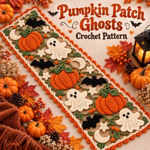 Pumpkin Patch Ghosts Table Runner PDF, Halloween Crochet Pattern, Crochet Table Runner with Pumpkins, Ghosts and Bats, US Terms