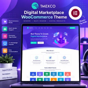 Könnte beinhalten: Ein Laptop-Bildschirm zeigt das TMEXCO Digital Marketplace WooCommerce-Theme. Die Benutzeroberfläche verfügt über einen violetten Farbverlauf, einen Heldenbereich mit einer digitalen Illustration und ein Raster von Produktkategorien.