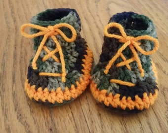 Hand Crocheted Baby Camo Booties, Orange Laces, Hunting Boot Style