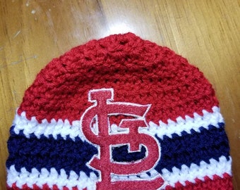 Baby crochet baseball hat for St Louis fans.