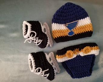 St. Louis Blues-inspirerat virkat babyset: Mössa, skridskoskor och blöjskydd