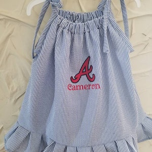 Inspired by vintage Atlanta Braves baseball; seersucker dress;  baseball dress