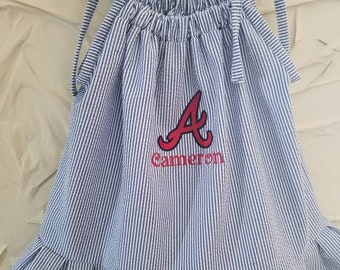 Inspired by vintage Atlanta Braves baseball; seersucker dress;  baseball dress