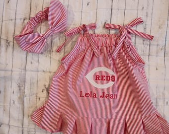 Inspired by vintage Reds baseball, Seersucker Dress, Baseball Sundress