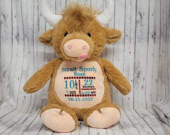 Personalized Highland Cow Plush, Embroidered Stuffed Animal, longhorn