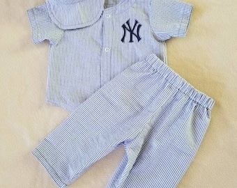 Handmade Seersucker Baseball Jersey Set, New York Fans Outfit