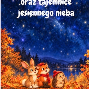 Pode incluir: Uma ilustração de capa de livro com um coelho, uma raposa e um ouriço sentados numa floresta com folhas de outono cor de laranja. O fundo mostra um céu noturno estrelado azul escuro sobre um lago. O texto diz Stefanek, Stella i Tommy oraz tajemnice jesiennego nieba e Lulowen Books.