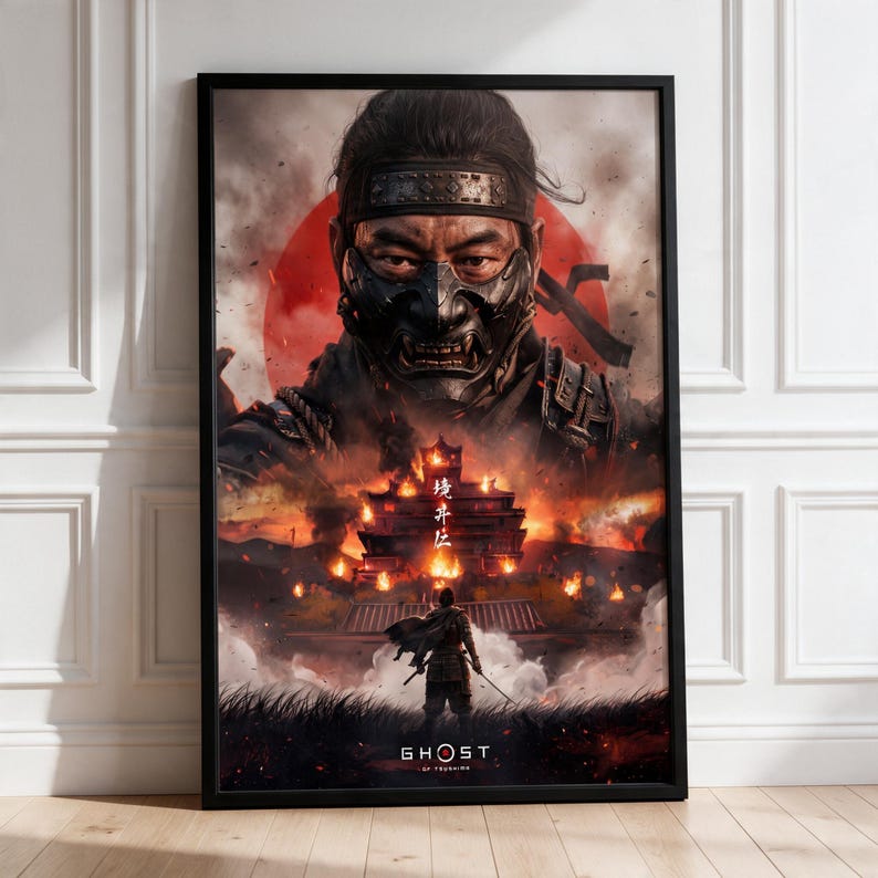 Samurai Iconic Mask Ghost Samurai Mask Poster, Burning Castle Japanese Warrior Wall Art ...