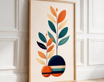 May include: A framed wall art print featuring two circular vases in orange and dark blue, each holding a stem with stylized leaves in shades of orange, cream, teal, and dark blue against a light cream background.