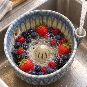 May include: A blue and white ceramic berry colander with a central reamer-like cone, filled with fresh strawberries, blueberries, and blackberries being rinsed under a stream of water in a stainless steel kitchen sink.