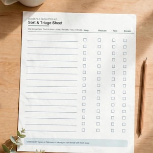 May include: A white paper Sort & Triage Sheet from a Doom-Pile Declutter Kit. The document features a header, a list of lines for items, and four columns with checkboxes labelled Keep, Relocate, Toss, and Donate. The bottom includes text.
