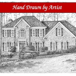 May include: A black and white pencil drawing of a two-storey brick house with a front porch and a large garden. The drawing is titled "Hand Drawn by Artist".