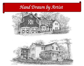 Custom Home Portrait, Montage , Graphite Pencil Hand Drawn, Original House Sketch, Home ,Realtor Closing Gift, First Home,Boat,Airplane,Cars