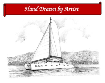 Custom Boat/Yacht Sketch- Graphite Pencil Original Custom Home Portrait  House  Sketch Drawing Personalized  Note Cards Christmas Airplane